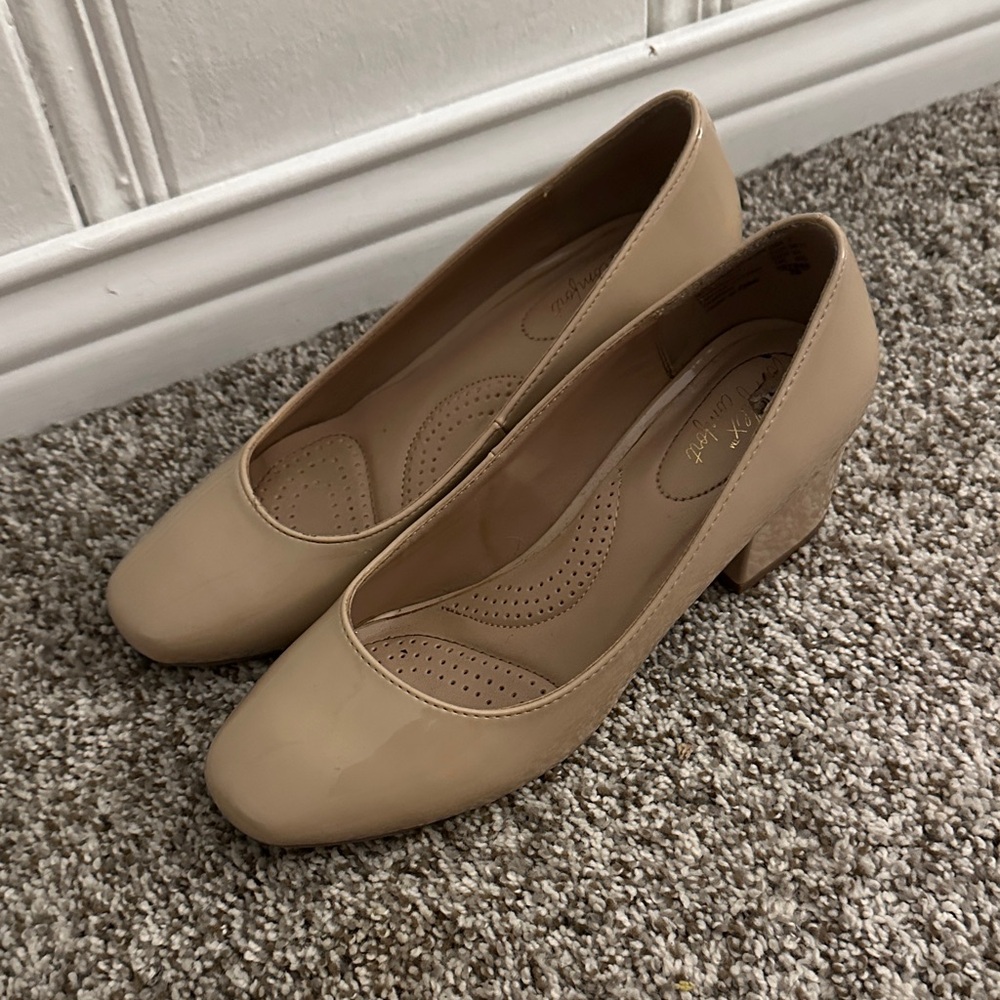 Nude Patent Round-Toe Block Heel Pumps